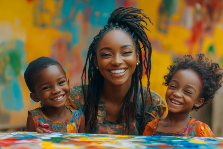 Mother and children are smiling and painting together in front of a colorful wallの素材