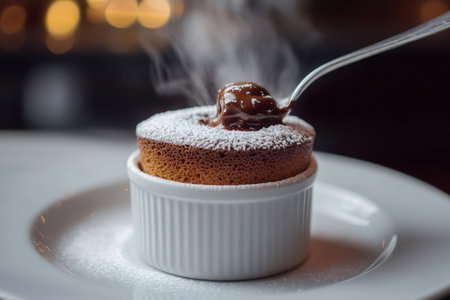 Hot chocolate souffle with icing sugar being poured with melted chocolate in a ramekin on a white plate, steam coming outの素材