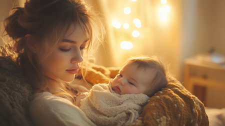 Portrait of beautiful mom cuddling her sleeping baby in a cozy home atmosphere with warm lights in the backgroundの素材