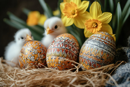 Easter eggs decorated with traditional patterns and adorable chicks resting on straw near yellow daffodils, celebrating spring and new lifeの素材