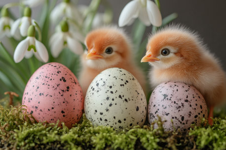 Two cute baby chicks sitting on easter eggs with snowdrop flowers, easter conceptの素材