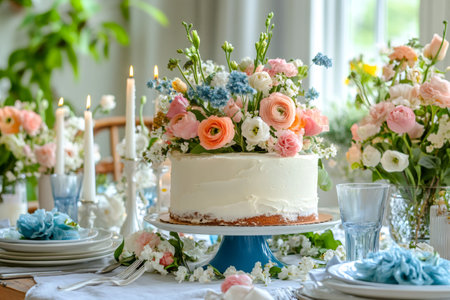 Delicious cake with buttercream frosting and fresh flowers centerpiece on a table set for a birthday celebrationの素材