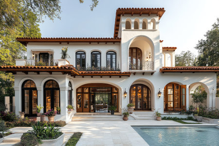 Beautiful Spanish colonial revival style home featuring a pool, patio, and lush landscaping, creating a tranquil outdoor oasisの素材
