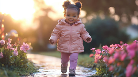 Adorable toddler girl enjoying a playful run through a vibrant flower garden at sunset, creating a heartwarming scene of childhood joyの素材