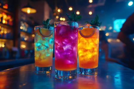Three colorful cocktails garnished with mint and orange slices are sitting on a bar counter in a nightclubの素材