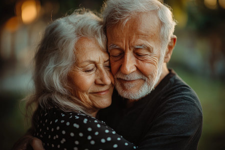 An elderly couple enjoys a tender embrace in warm sunlight, celebrating their lifelong love and companionshipの素材
