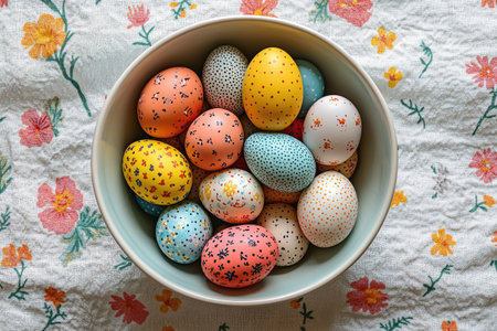 Bowl full of colorful easter eggs decorated with different patterns, resting on a floral tablecloth, celebrating the spring holidaysの素材