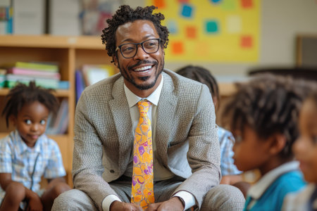 Male teacher smiling and interacting with preschool children sitting on floor in classroomの素材