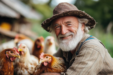 Portrait of a cheerful farmer holding chickens, enjoying a day on the farmの素材