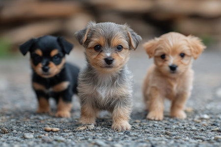 Three small puppies standing on a gravel path, possibly in a backyard or outdoor setting with logs in the backgroundの素材