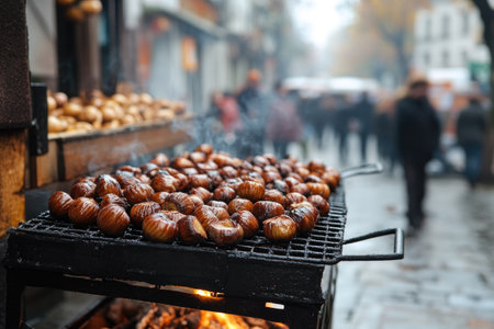 Chestnuts on display at a lively autumn market with people walking byの素材