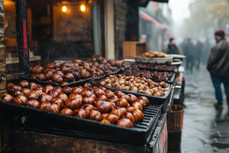 Chestnuts roasting on a grill with flames in the backgroundの素材