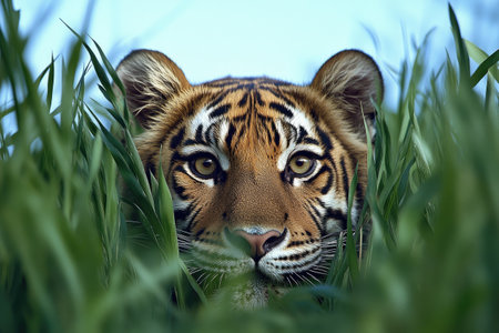 Tiger's eyes peer through dense green grass, showcasing its natural stealthの素材