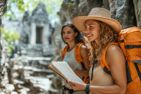 Two young female tourists holding a map exploring the ancient ruins of Angkor Wat in Cambodiaの素材