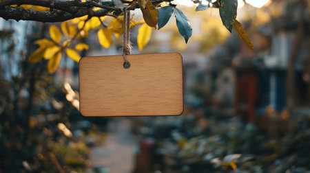 Wooden sign hanging from a tree with blurred backgroundの素材