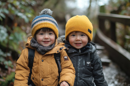 Smiling kids in warm clothes exploring a forest pathの素材