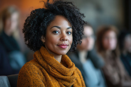 Smiling woman in a seminar setting with blurred audience in the backgroundの素材