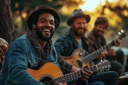 Happy musicians are playing acoustic guitars and singing together outdoorsの素材