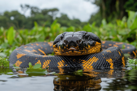 Anaconda with striking yellow spots partially submerged in a pondの素材