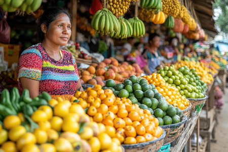 Sri Lankan woman working at a fruit stall in an outdoor market selling colorful fresh produceの素材