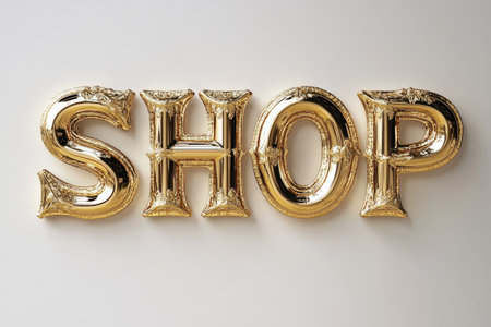 Shiny gold shop sign with ornate details, ideal for retail and commerce-related themesの素材