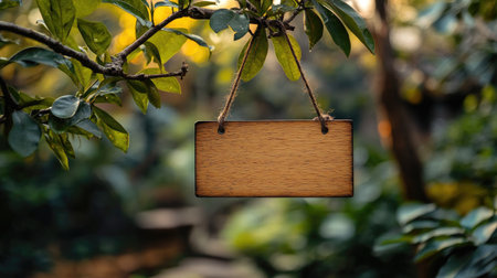 Wooden sign hanging from a tree with blurred backgroundの素材
