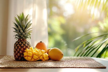 Fresh pineapples and mangoes basking in warm sunlightの素材