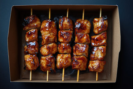 Succulent grilled chicken skewers with a shiny glaze in a cardboard boxの素材