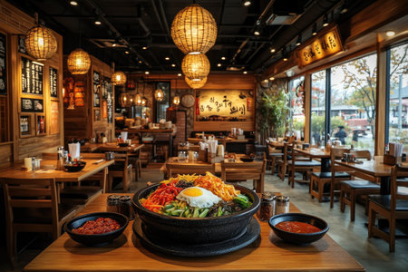 Stone bowl full of bibimbap, a mixed rice dish with vegetables and fried egg, sits on a wooden table in a Korean restaurantの素材