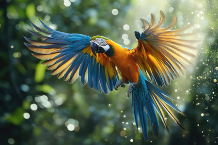Colorful macaw flying gracefully by a lush green cliffの素材