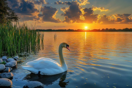 Swan peacefully gliding on a tranquil lake during a vibrant sunsetの素材