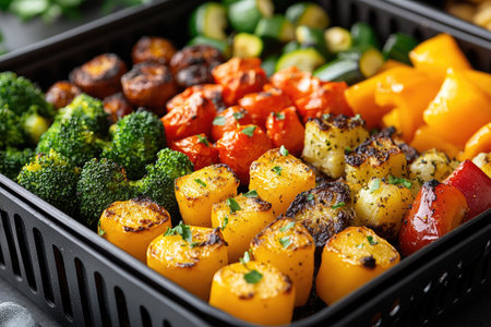 Vibrant vegetables evenly cooked in an air fryer basketの素材