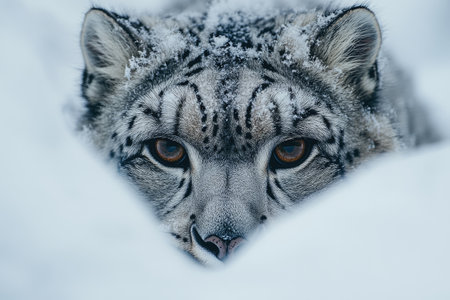 Snow leopard stealthily moving through a snowy landscapeの素材
