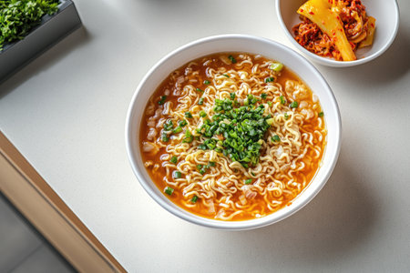 Tasty instant noodles garnished with fresh green onionsの素材