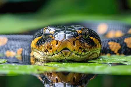 Close-up of a snake with striking yellow and black patterns in a calm water settingの素材