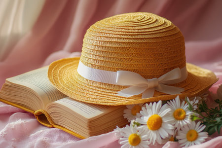Straw hat and daisies atop an open book on pink fabricの素材