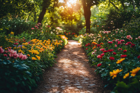 Colorful flowers line and serene garden pathwayの素材