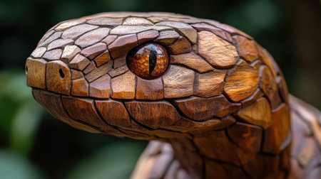 Detailed wooden snake head sculpture with realistic textureの素材