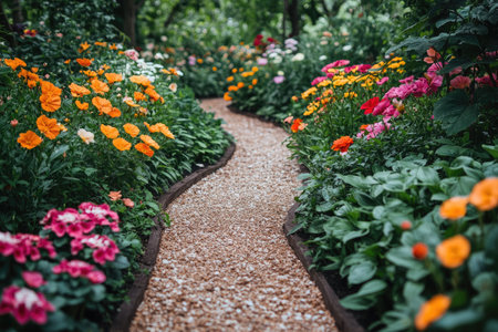 Curved garden path lined with vibrant flowers in full bloomの素材
