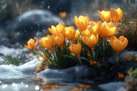 Yellow crocuses are blooming near melting snow by the water in a sunny spring landscapeの素材