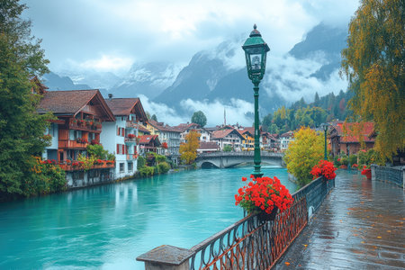 Picturesque village by a turquoise river with misty mountain backdropの素材