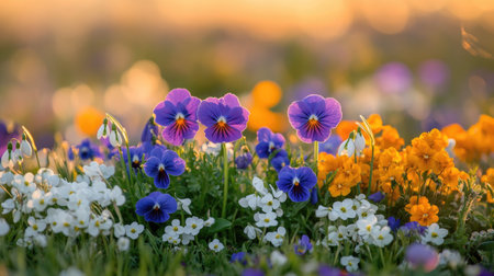 Beautiful pansies and other colorful spring flowers thriving in a sunlit meadow, creating a vibrant and cheerful sceneの素材