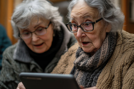 Elderly women engaging with digital technology togetherの素材
