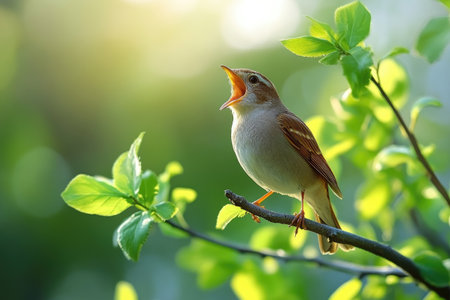 Bird singing on a branch with sunlight in the backgroundの素材