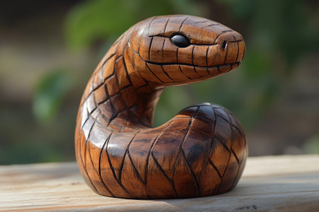 Detailed wooden cobra sculpture with realistic texture and designの素材