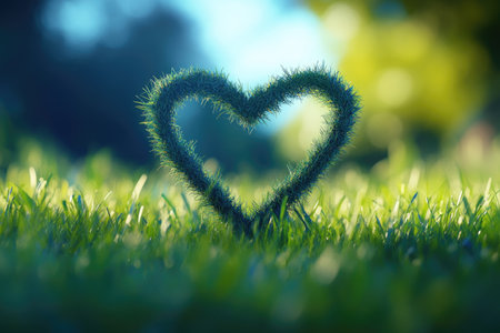 Heart-shaped grass sculpture glows in a sunny meadowの素材