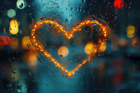 Glowing heart on wet glass with blurred city lightsの素材