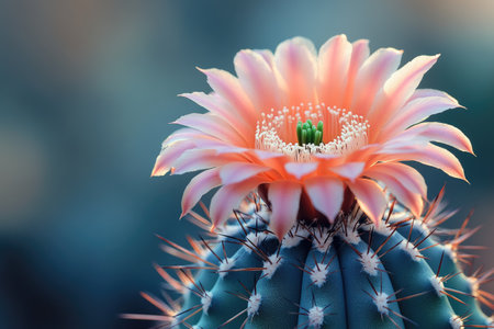 Close-up of a blooming pink cactus flower with sharp spinesの素材