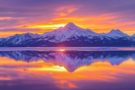 Stunning sunset over mountains mirrored in calm lake watersの素材