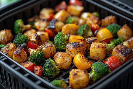 Vibrant vegetables evenly cooked in an air fryer basketの素材